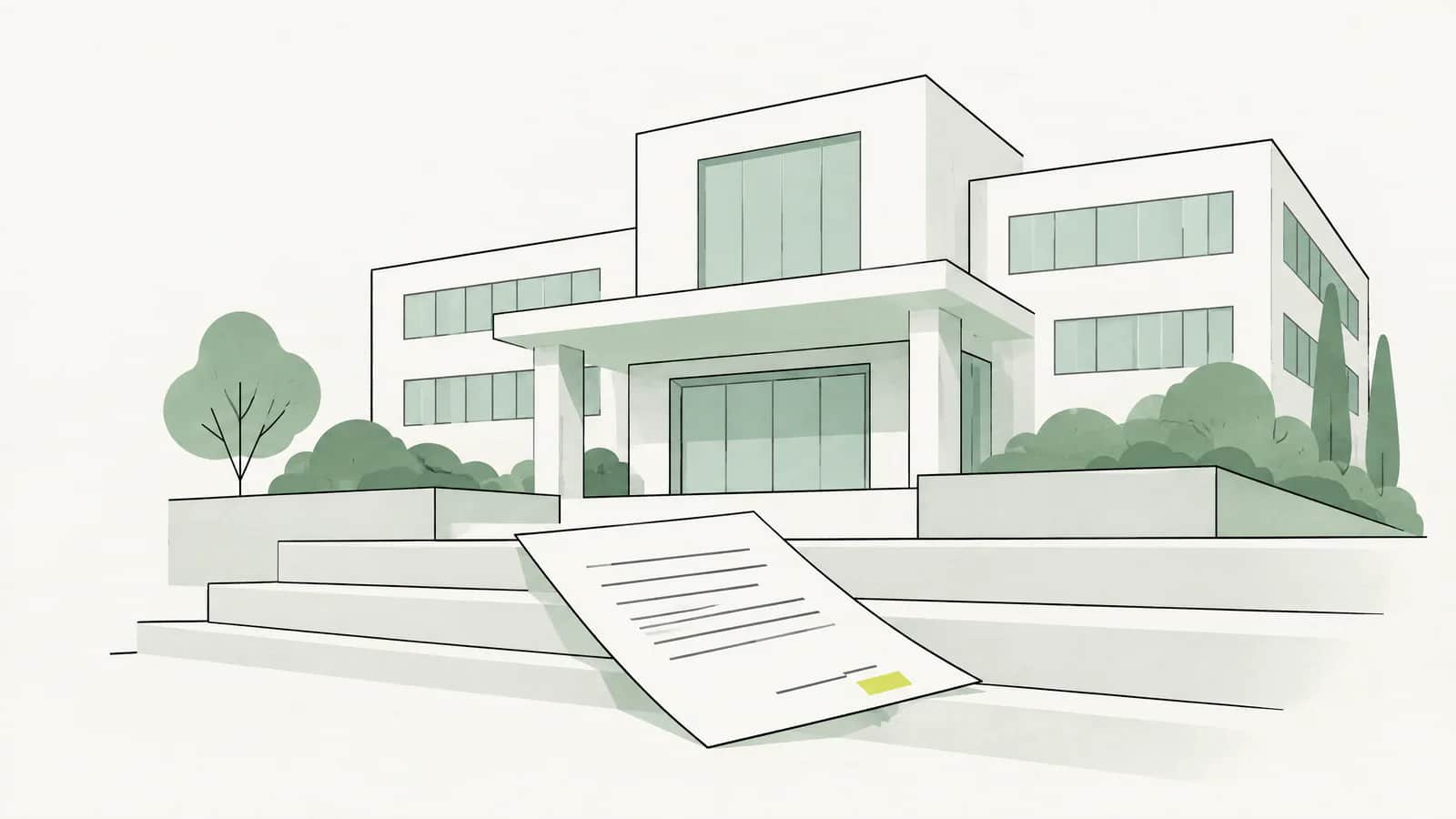 Illustration: Ein Spitalgebäude, auf dessen Eingangstreppe ein Vertrag aus Papier liegt