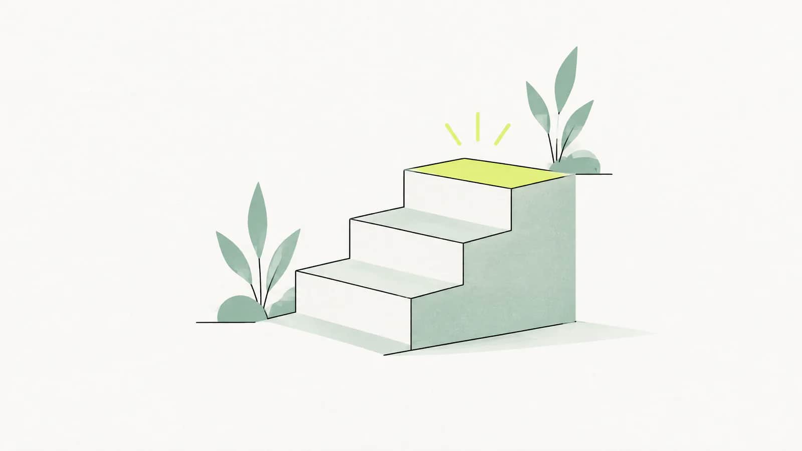 Illustration: kleine Treppe, deren höhere Stufe von einem weichen Lichtstrahl hervorgehoben wird