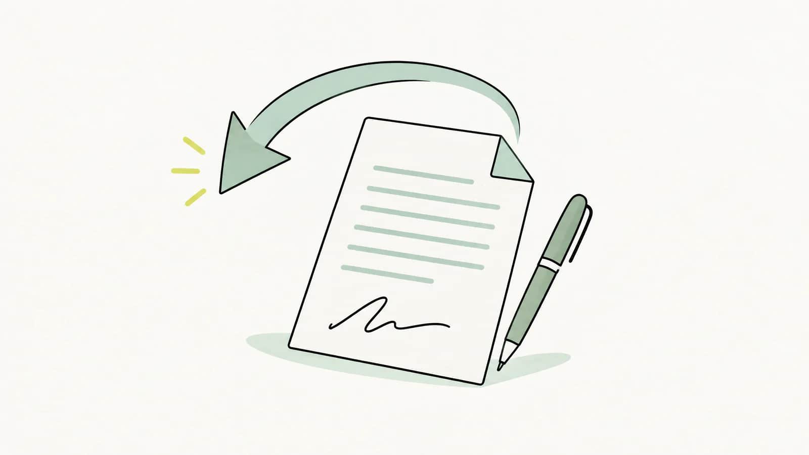 Illustration: unterschriebener Vertrag mit einem Papierpfeil, der zurück zum Absender zeigt
