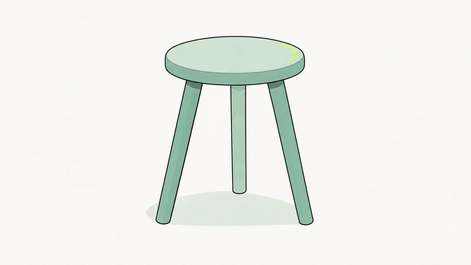 Illustration: dreibeiniger Hocker steht stabil auf einem schlichten Holzboden