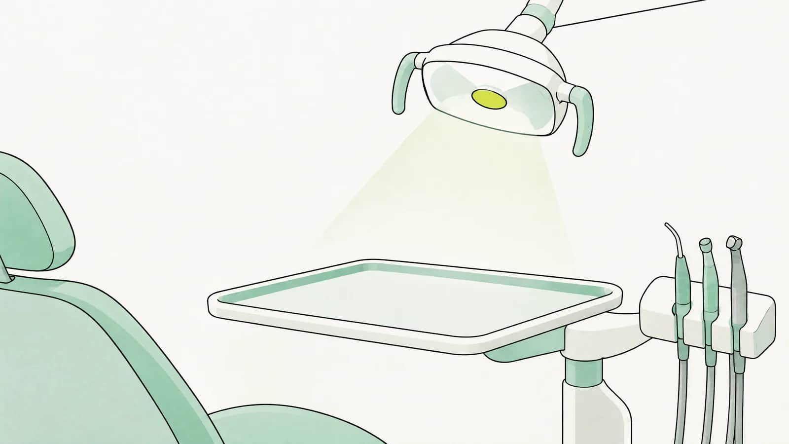 Illustration: Lampe eines Zahnarztstuhls, die auf ein leeres Behandlungstablett scheint