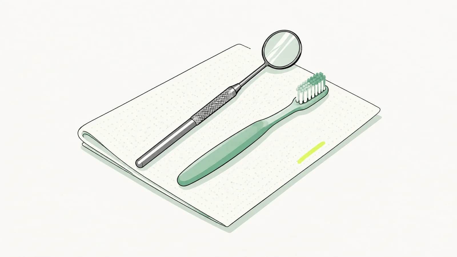 Illustration: Sauberer Zahnarztspiegel und kleine Zahnbürste auf einem gefalteten Papiertuch