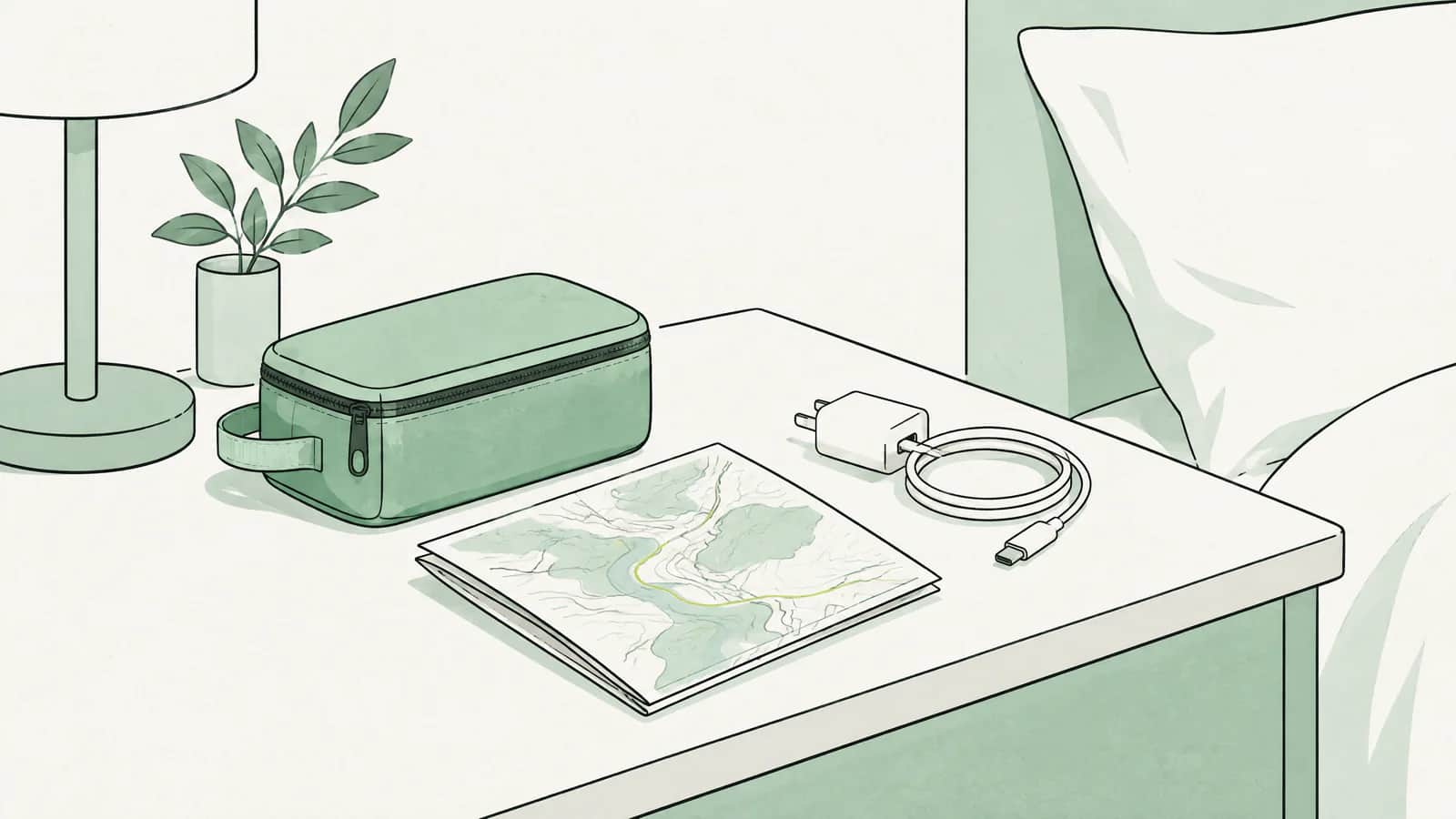 Illustration: Erste-Hilfe-Etui und gefaltete Landkarte auf einem Hotelnachttisch neben einem Handy-Ladekabel
