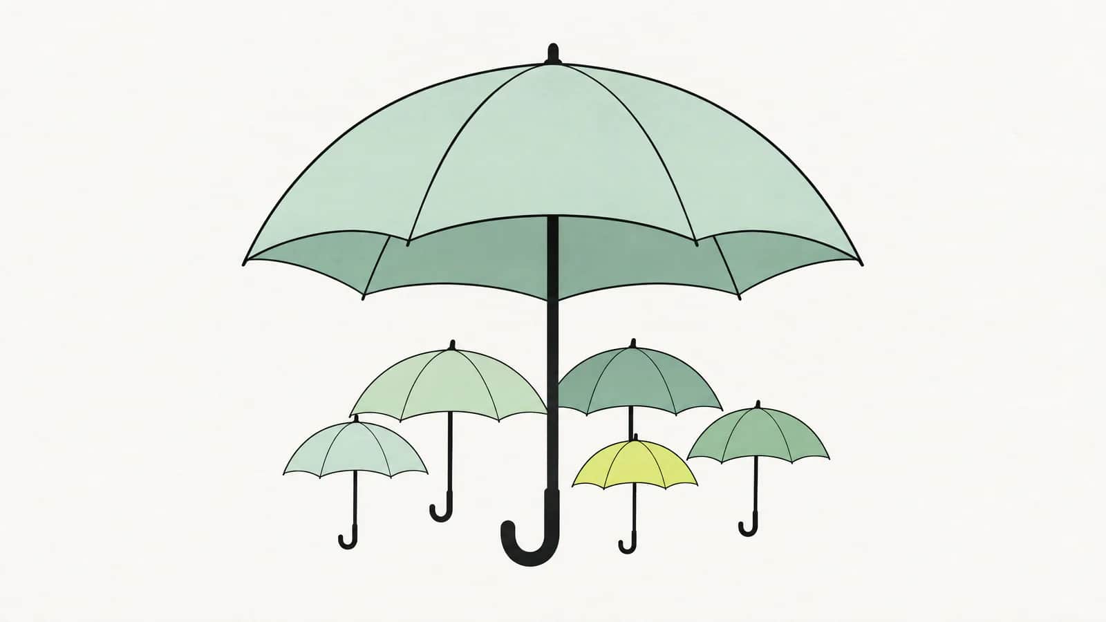 Illustration: ein grosser Schirm, unter dem mehrere kleine Schirme Schutz finden, auf schlichtem Hintergrund