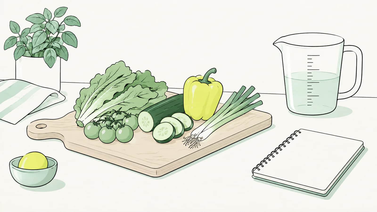 Illustration: Schneidebrett mit frischem Gemüse, Messbecher und Notizbuch auf einer Küchenablage