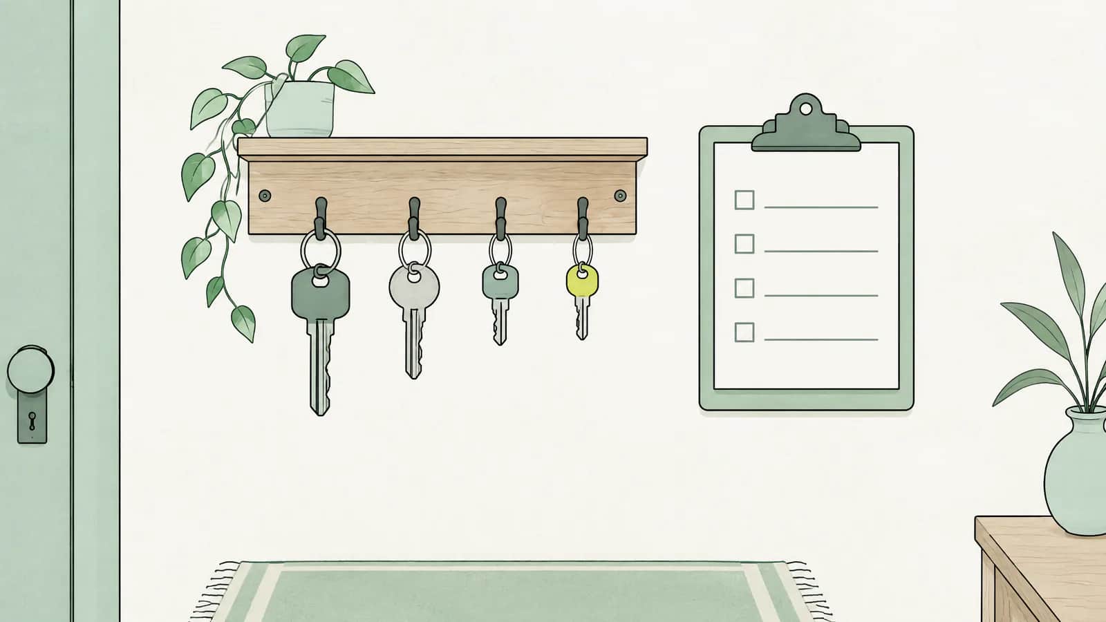 Illustration: Hölzernes Schlüsselbrett mit vier unterschiedlich grossen Schlüsseln und einem Klemmbrett mit Checkliste an der Flurwand