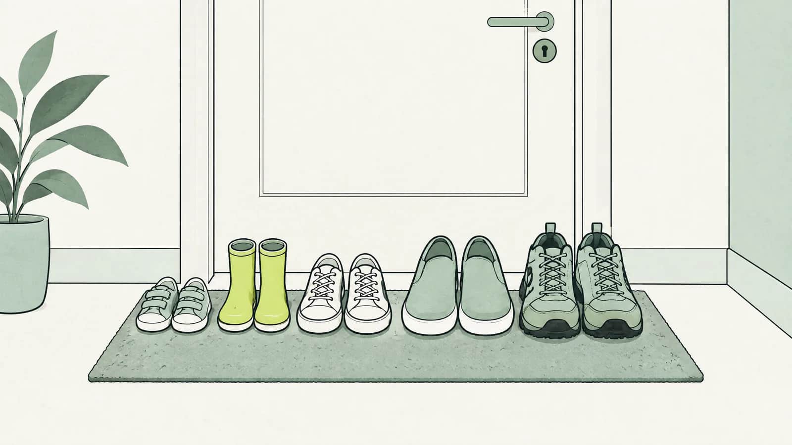 Illustration: Mehrere Schuhpaare in verschiedenen Grössen stehen auf einer Fussmatte vor einer Wohnungstür
