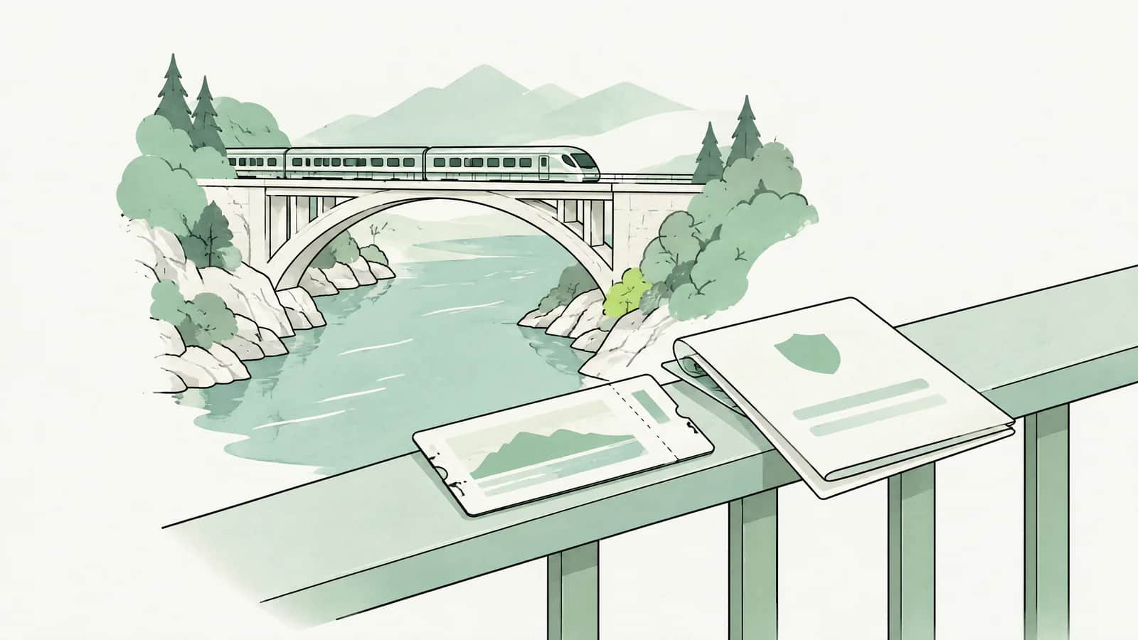 Illustration: Kleines Brückenmodell über einem Fluss, auf dem Geländer liegen ein Zugbillett und ein gefaltetes Versicherungsformular