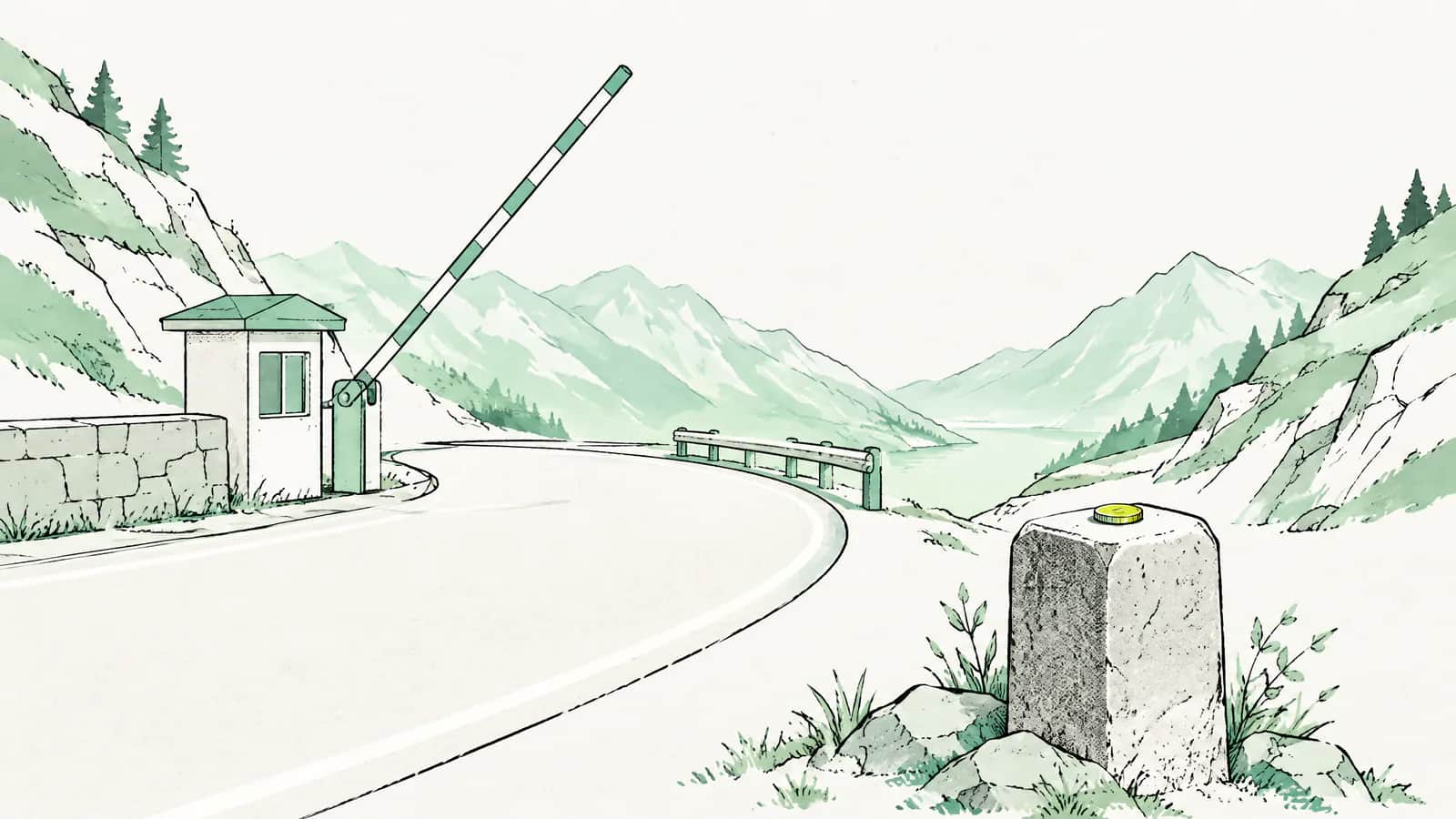 Illustration: Passstrasse in den Bergen mit geöffneter Grenzschranke und einer Münze auf einem Grenzstein