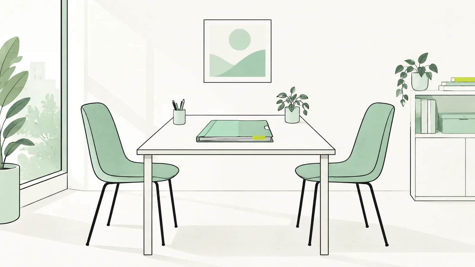 Illustration: Zwei Stühle an einem kleinen gemeinsamen Schreibtisch in einem hellen Büro mit Vertragsmappe in der Mitte