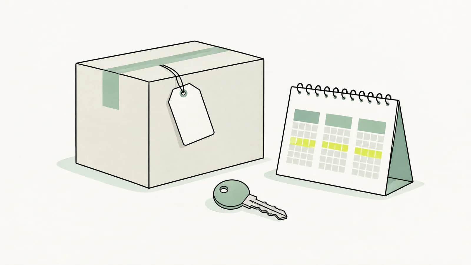 Illustration: Umzugskarton mit leerem Anhänger, Hausschlüssel und kleiner Kalender mit drei markierten Monaten