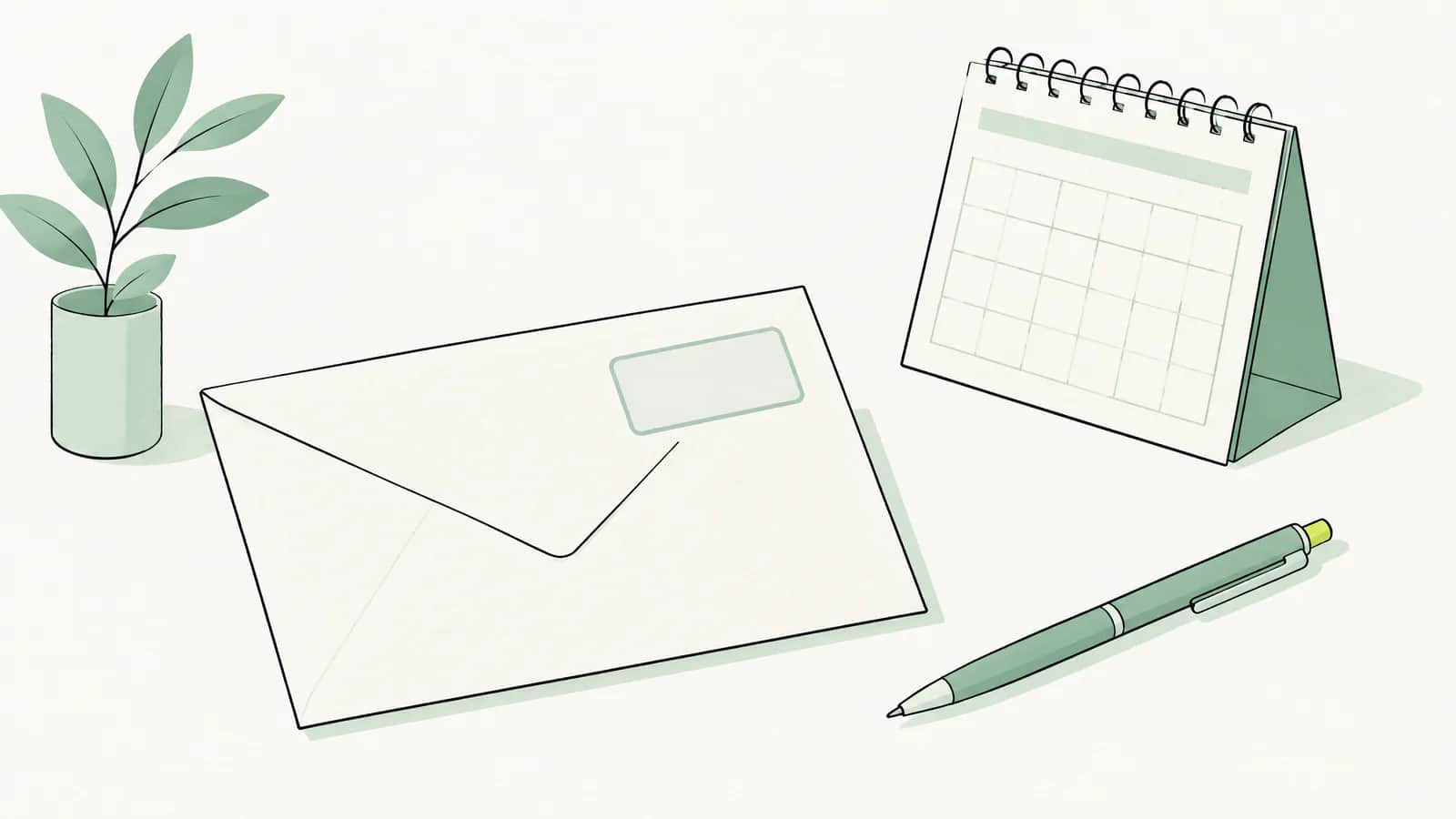 Illustration: verschlossenes Couvert mit leerem Etikettenfeld für ein Einschreiben, daneben ein Stift und ein Tischkalender