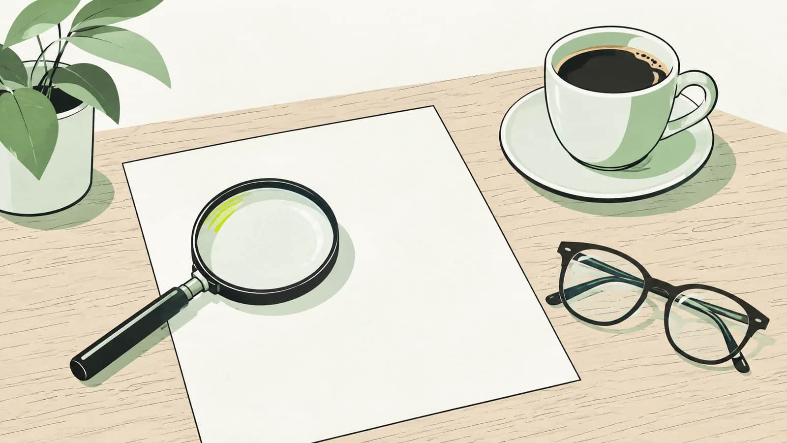Illustration: Eine Lupe liegt auf einer grossgedruckten Prämientabelle neben einer Kaffeetasse und einer Lesebrille