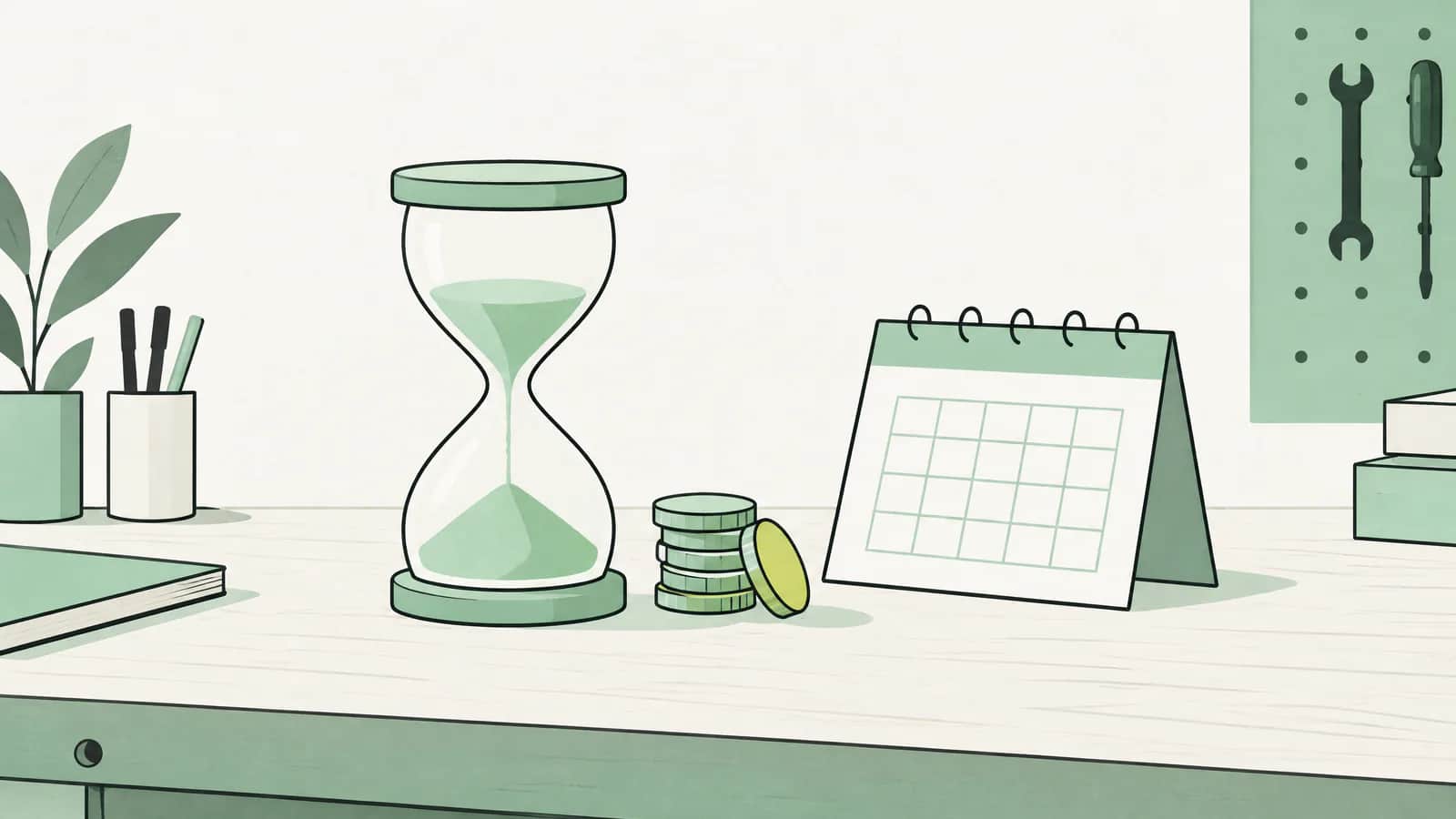 Illustration: Sanduhr neben einem kleinen Münzstapel und einem Tischkalender auf einem Werkstattpult