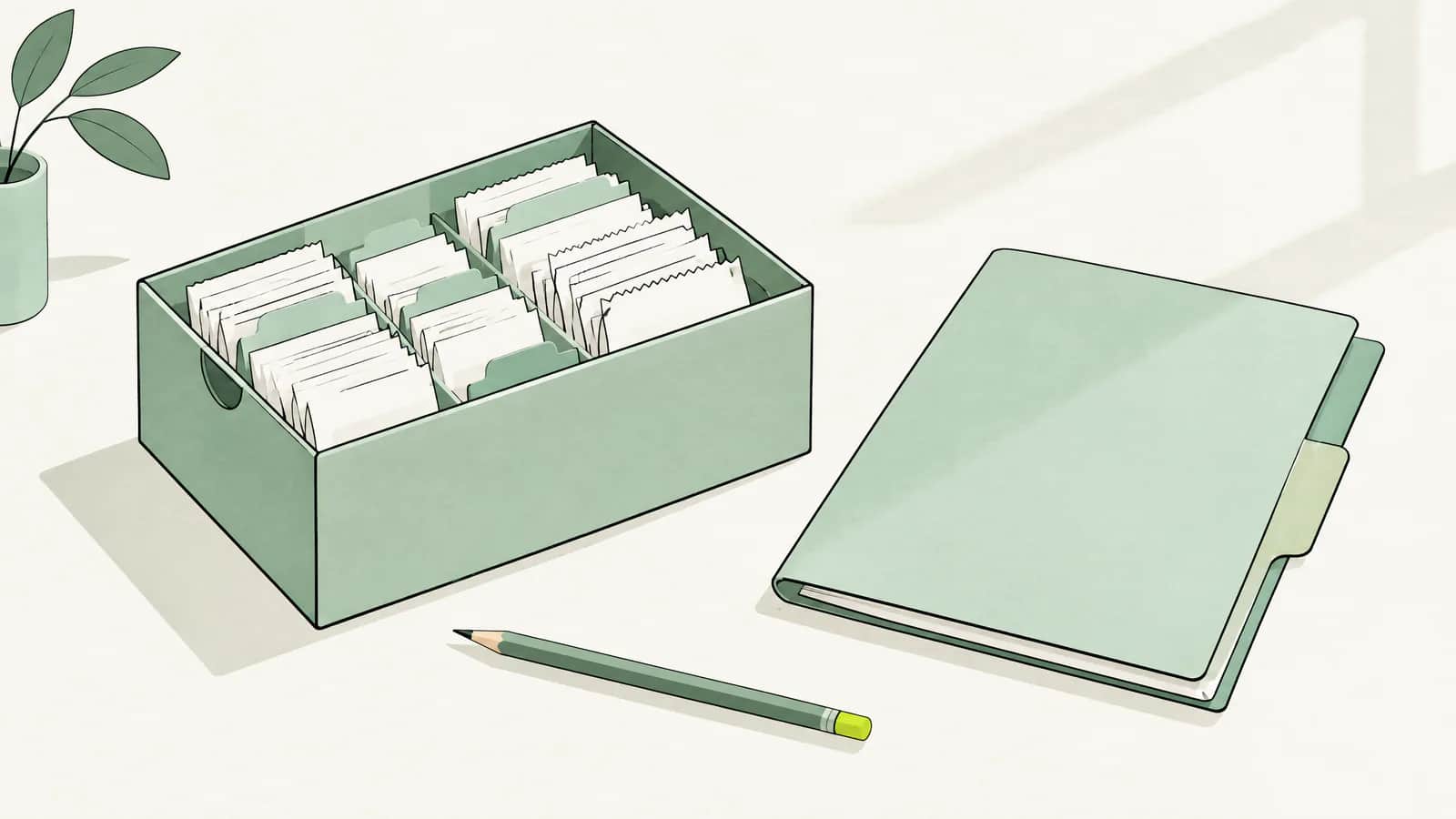 Illustration: Schuhschachtel mit sortierten Quittungen neben einem Steuerordner und einem Bleistift im Nachmittagslicht