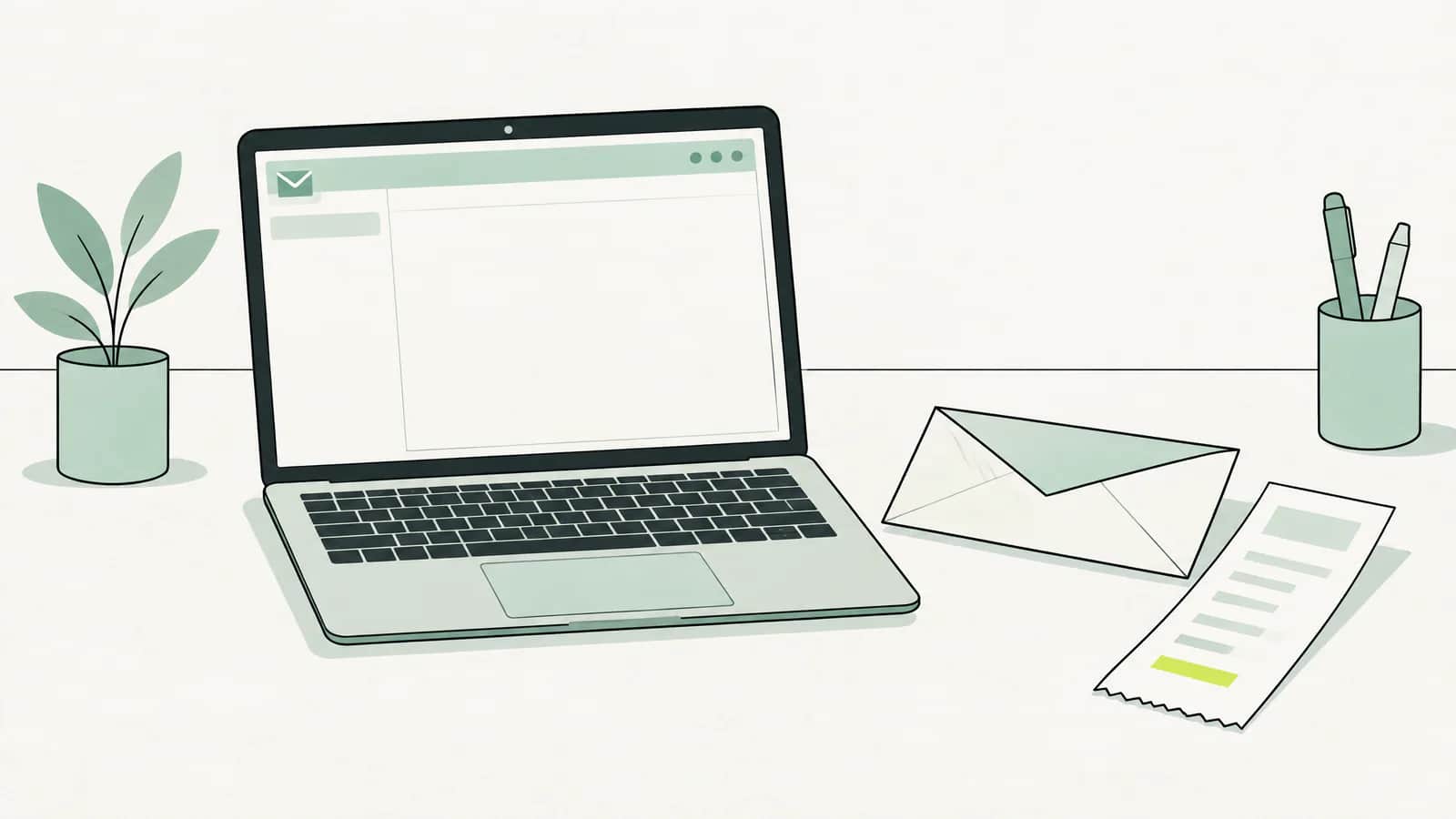 Illustration: aufgeklappter Laptop mit leerem Mailfenster neben einem Papiercouvert und einer Postquittung auf einem Schreibtisch
