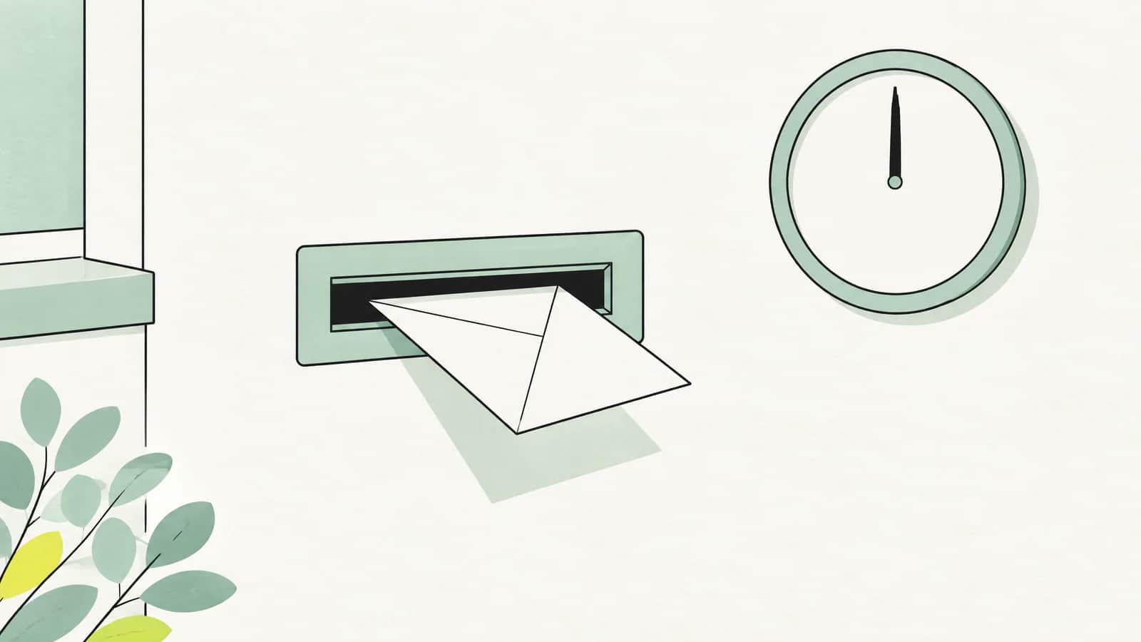 Illustration: Briefumschlag gleitet in einen Briefkastenschlitz, darüber eine Wanduhr, die Mitternacht zeigt, in ruhigen gedämpften Tönen