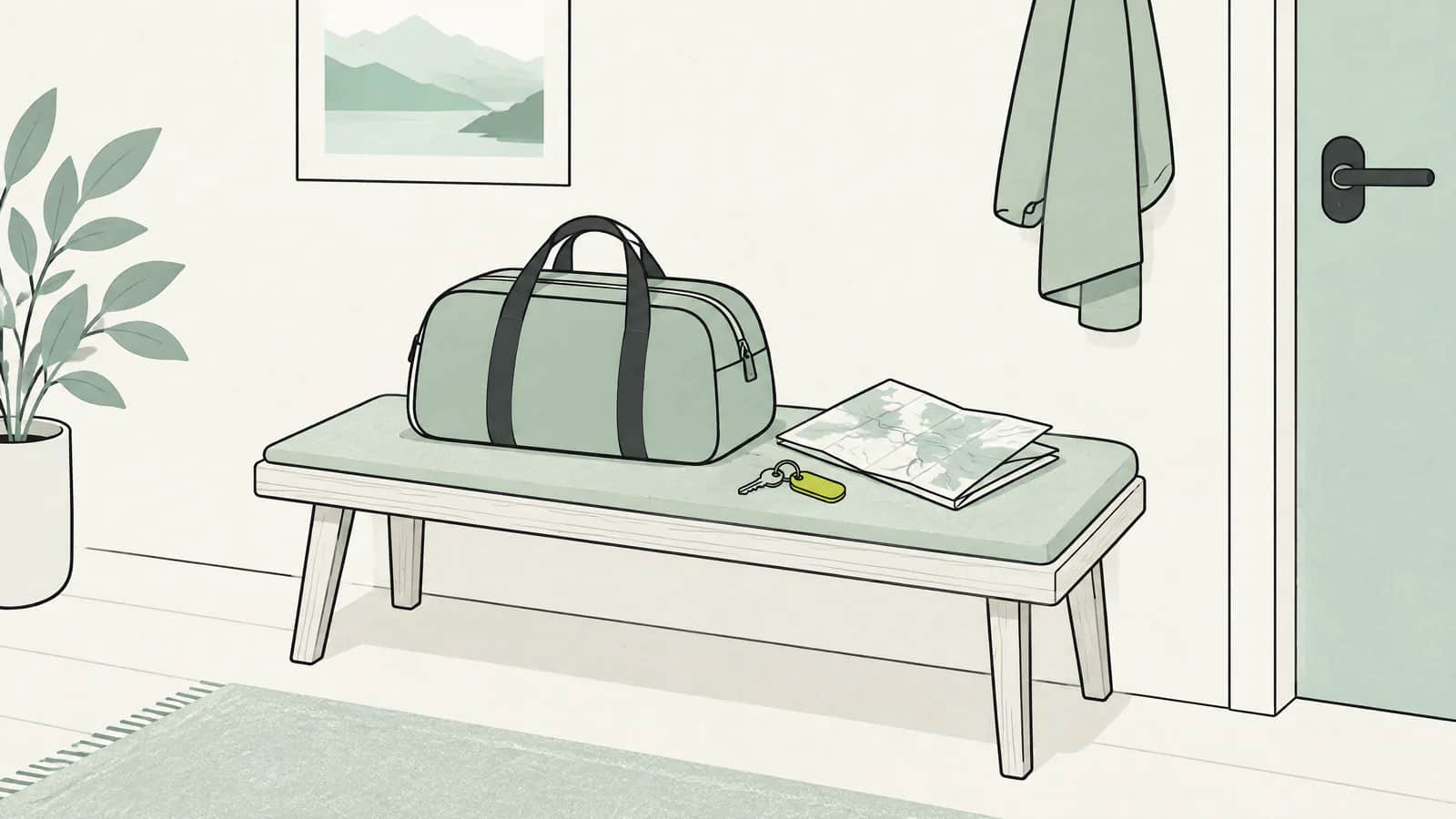 Illustration: Kompakte Reisetasche und Schlüssel einer Kurzzeitwohnung auf einer Flurbank neben einer gefalteten Karte
