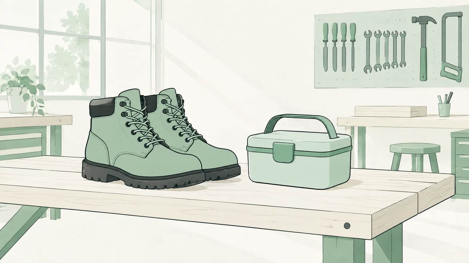 Illustration: Neue Arbeitsschuhe und eine Brotdose auf einer Holzbank in einer hellen Werkstatt