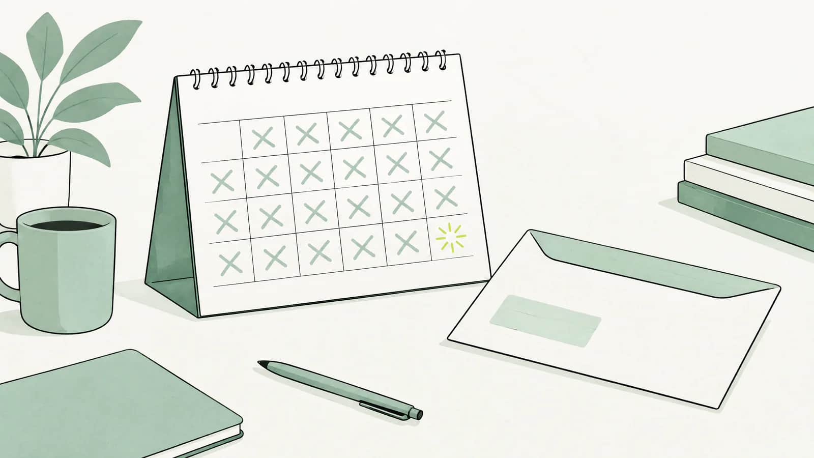Illustration: Wandkalender mit durchgestrichenen Wochen neben einem Lohncouvert auf einem Bürotisch