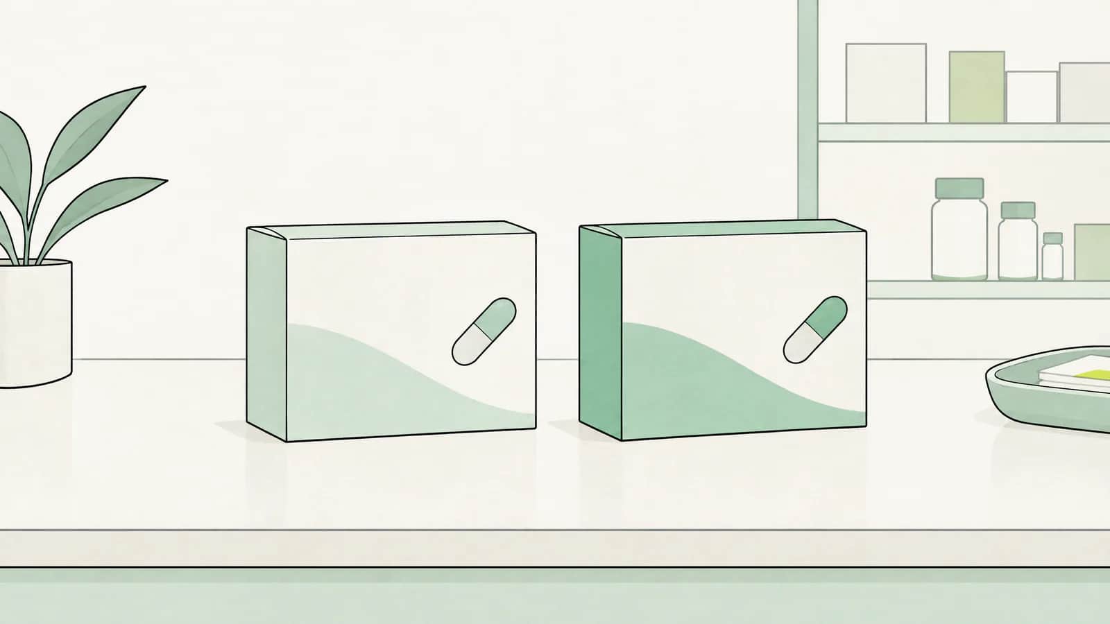 Illustration: Zwei gleich geformte Tablettenschachteln in unterschiedlichen Farben nebeneinander auf einer Apothekentheke