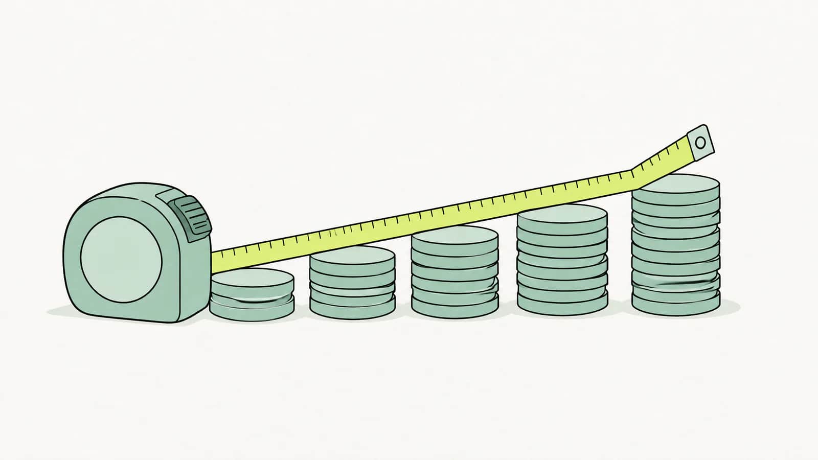 Illustration: Massband entlang eines Münzstapels, die Endmarke leicht nach oben verschoben