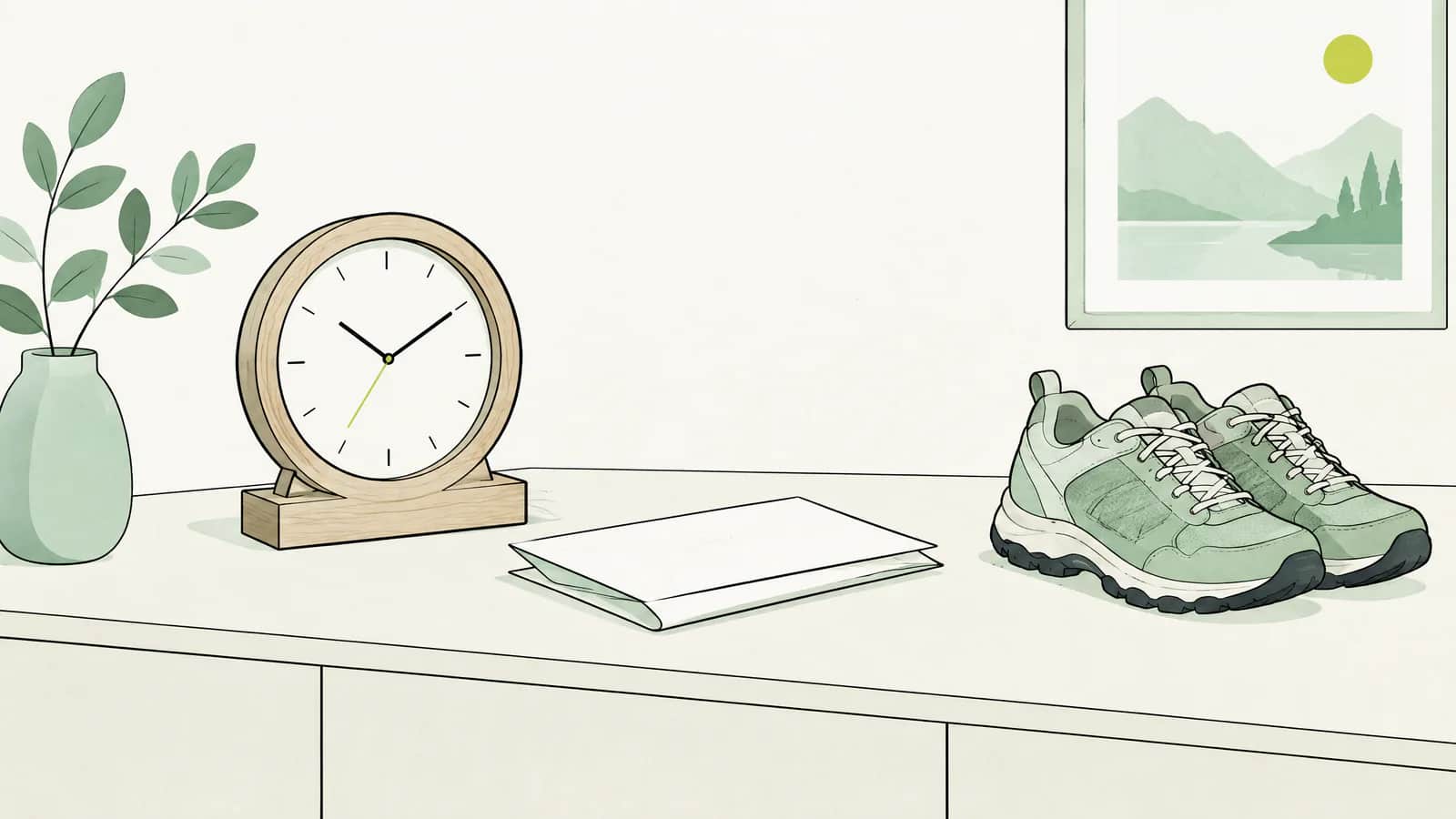 Illustration: Eine Uhr als Abschiedsgeschenk auf einer Kommode neben einem gefalteten Versicherungsbrief und Wanderschuhen