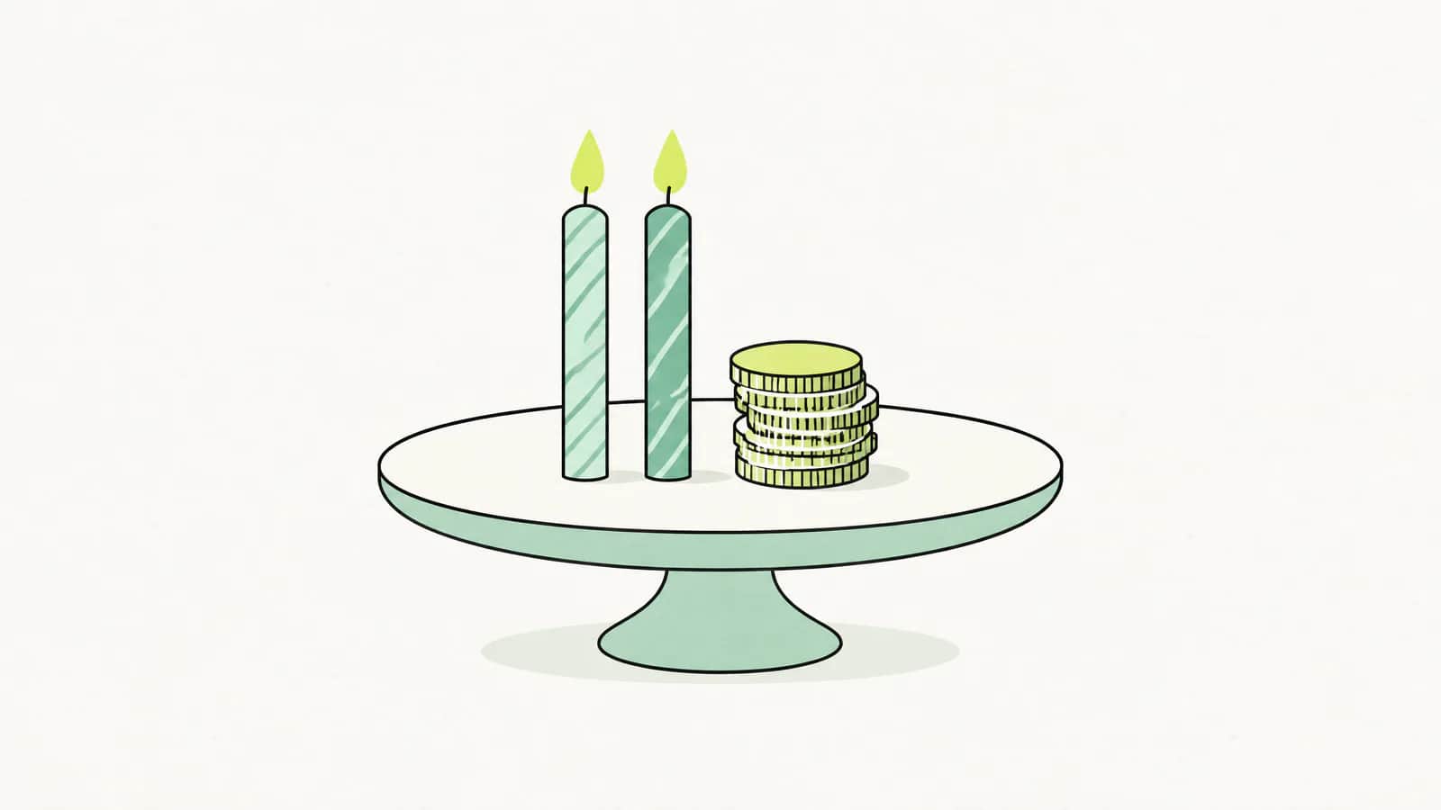 Illustration: Zwei schlichte balkenförmige Geburtstagskerzen neben einem kleinen Münzstapel auf einem hellen Kuchenteller