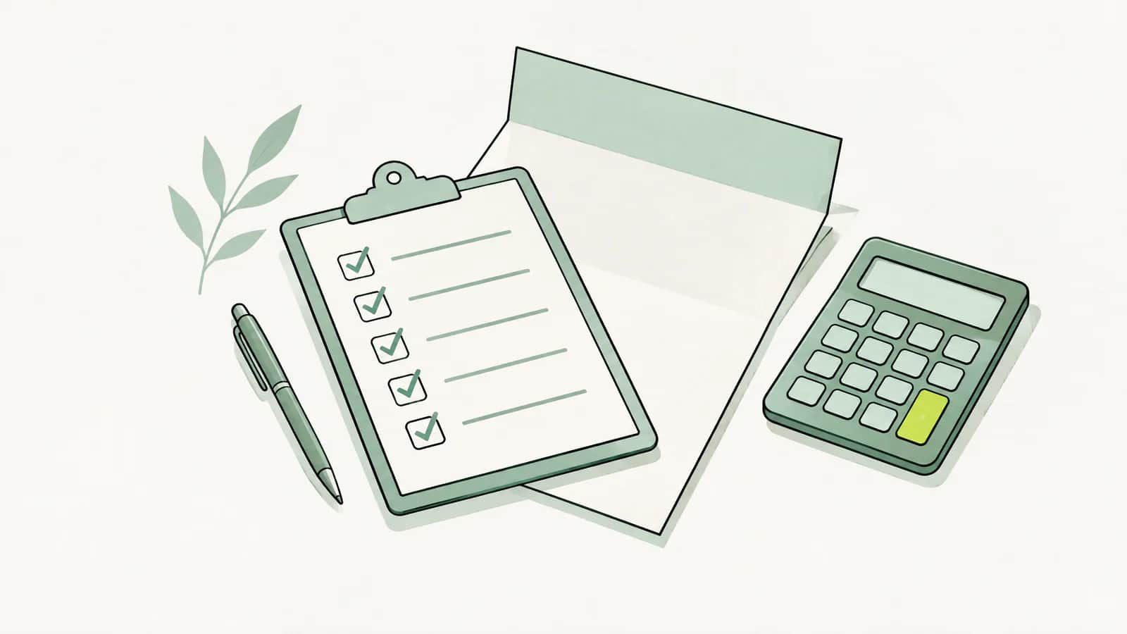 Illustration: Klemmbrett mit abgehakter Checkliste auf einem geöffneten Prämienbrief, daneben ein Taschenrechner