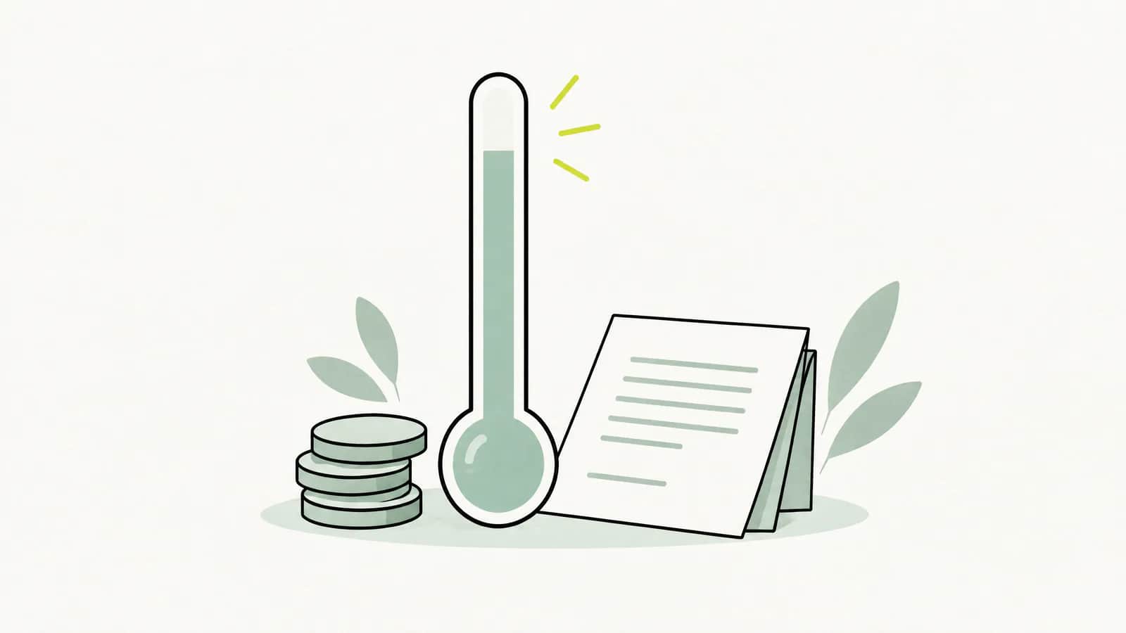Illustration: Steigende Anzeige wie ein Thermometer neben einem kleinen Münzstapel und einem gefalteten Vertrag