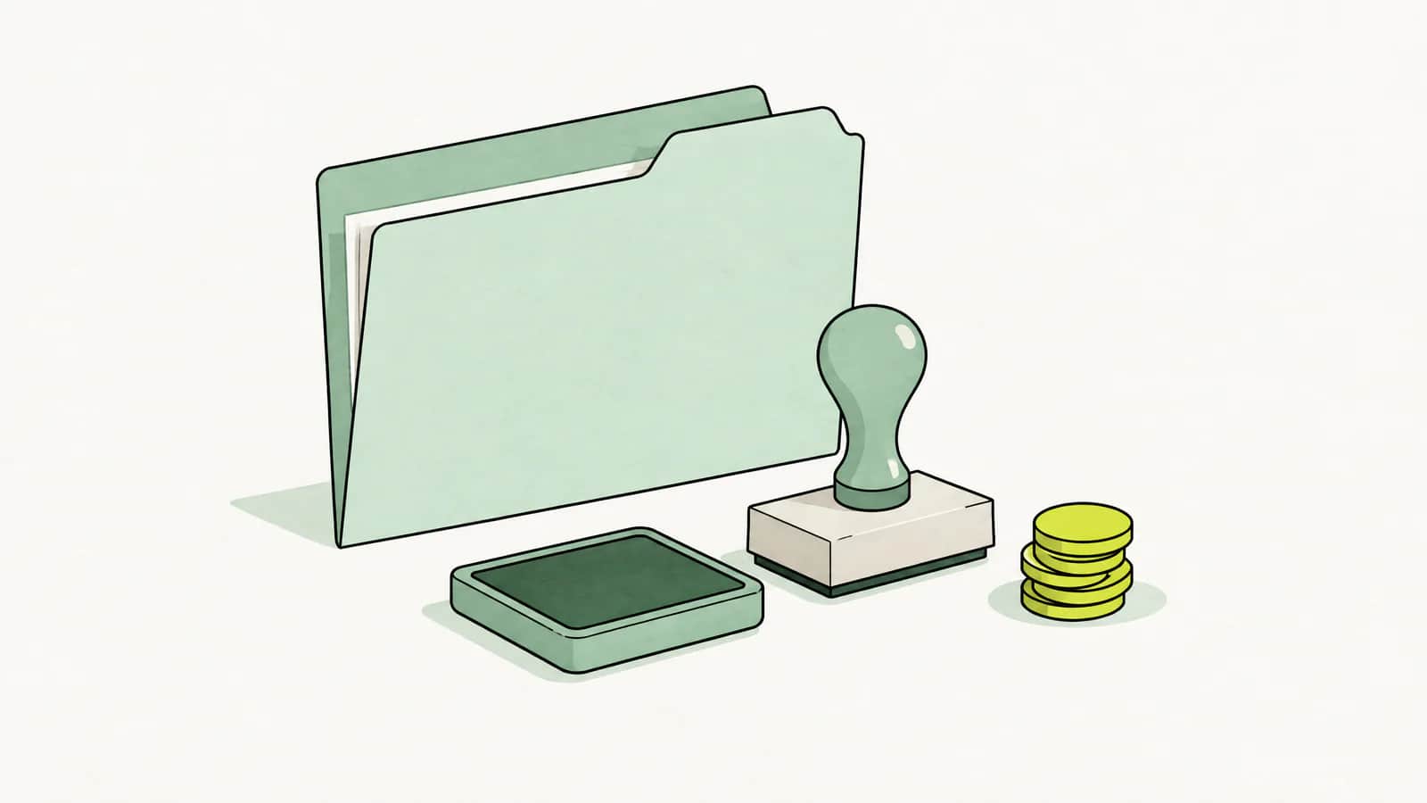 Illustration: Antragsmappe mit Stempel und Stempelkissen neben einem kleinen Stapel Münzen
