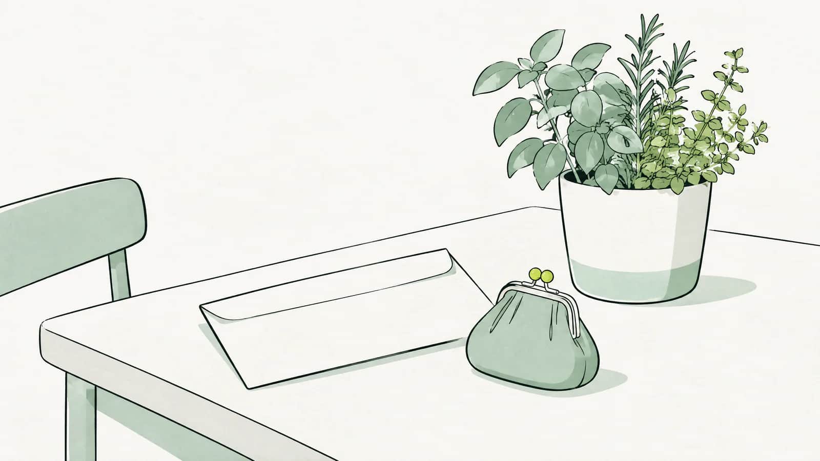 Illustration: Ein Rentenkuvert und ein kleines Münzportemonnaie auf einem Küchentisch neben einem Kräutertopf