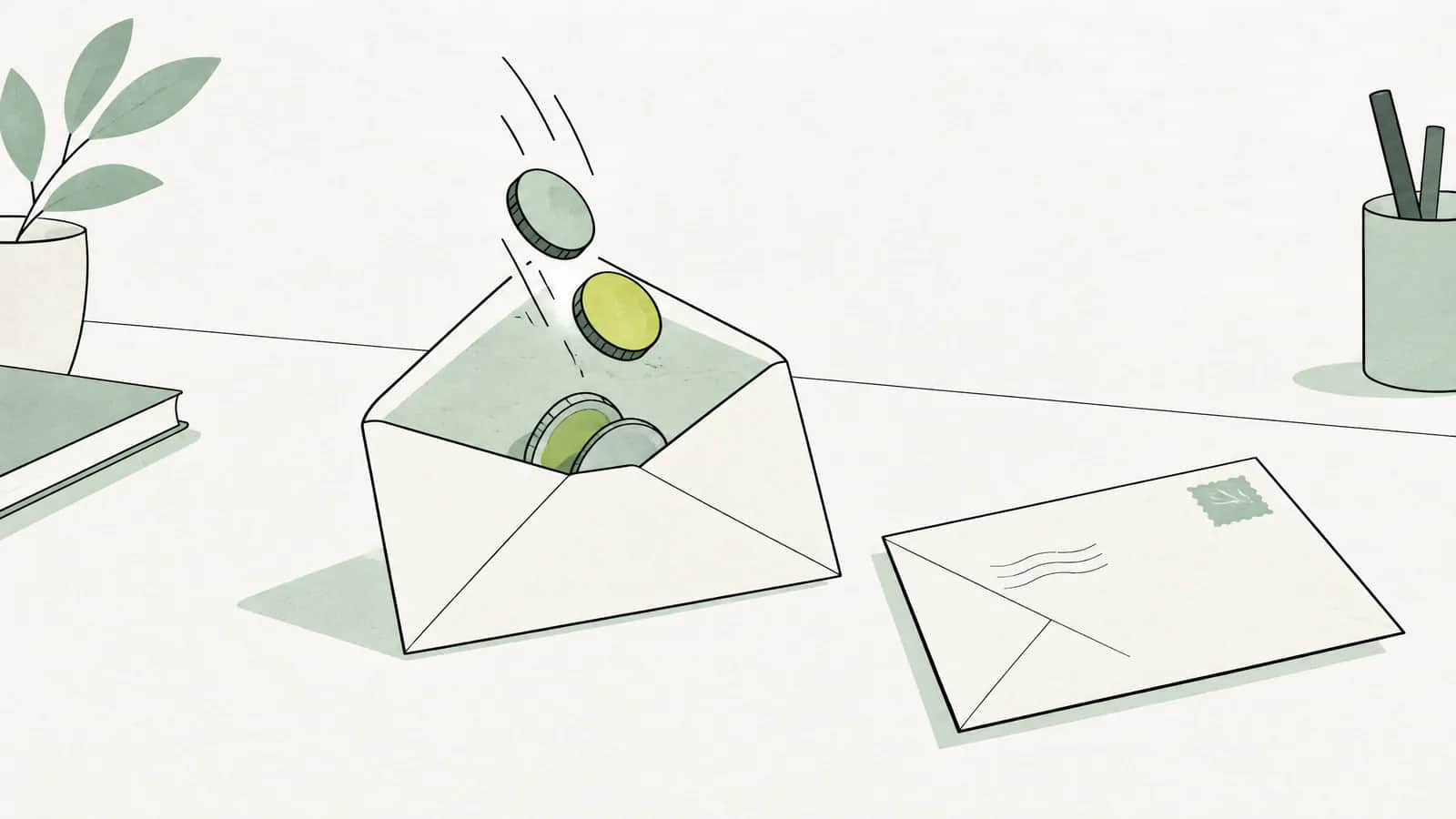 Illustration: Einige Münzen gleiten zurück in einen Briefumschlag, daneben liegt ein zurückgesandter Brief auf dem Schreibtisch