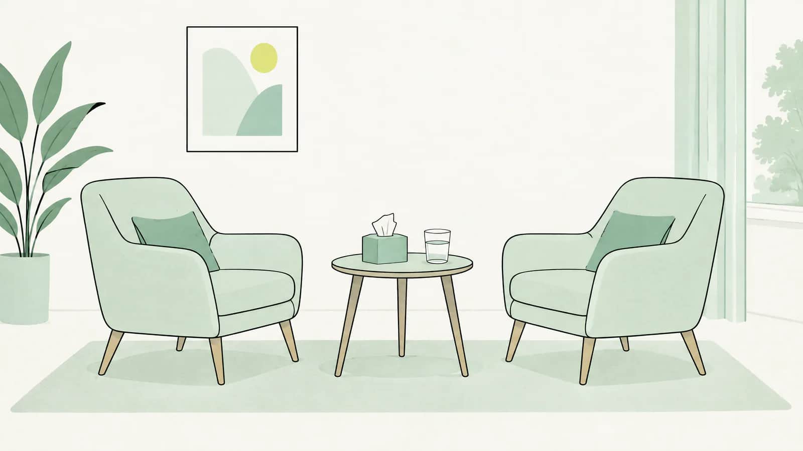 Illustration: Zwei Sessel einander zugewandt, dazwischen ein kleiner Tisch mit Taschentuchbox und Wasserglas