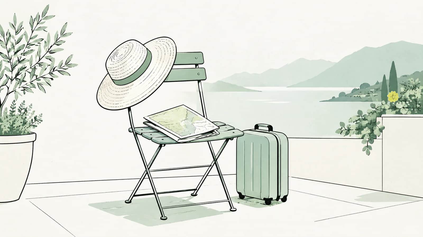 Illustration: Sonnenhut und gefaltete Landkarte auf einem Gartenstuhl neben einem kleinen Koffer auf einer Terrasse