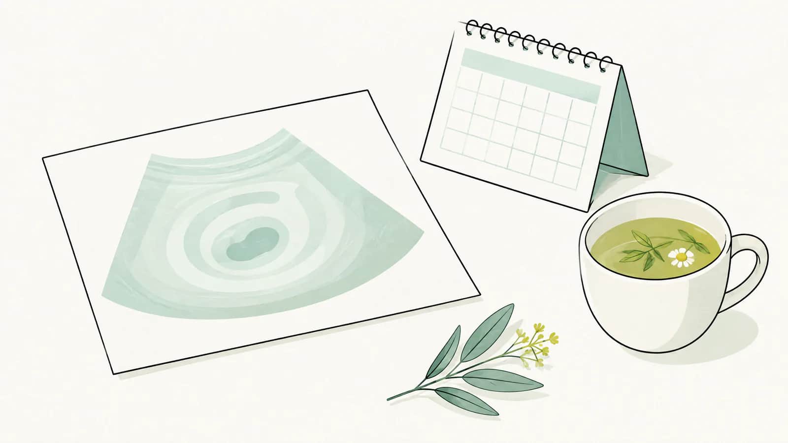 Illustration: Weiche konzentrische Ringe auf Papier wie ein Ultraschallbild, daneben Kalender und Tasse Kräutertee