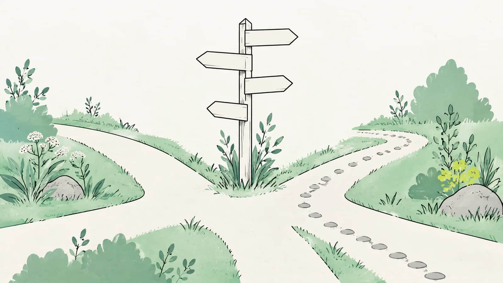 Illustration: Wegweiser mit mehreren leeren Pfeilen an einer Kreuzung von Gartenwegen, ein Weg mit kleinen Steinen markiert