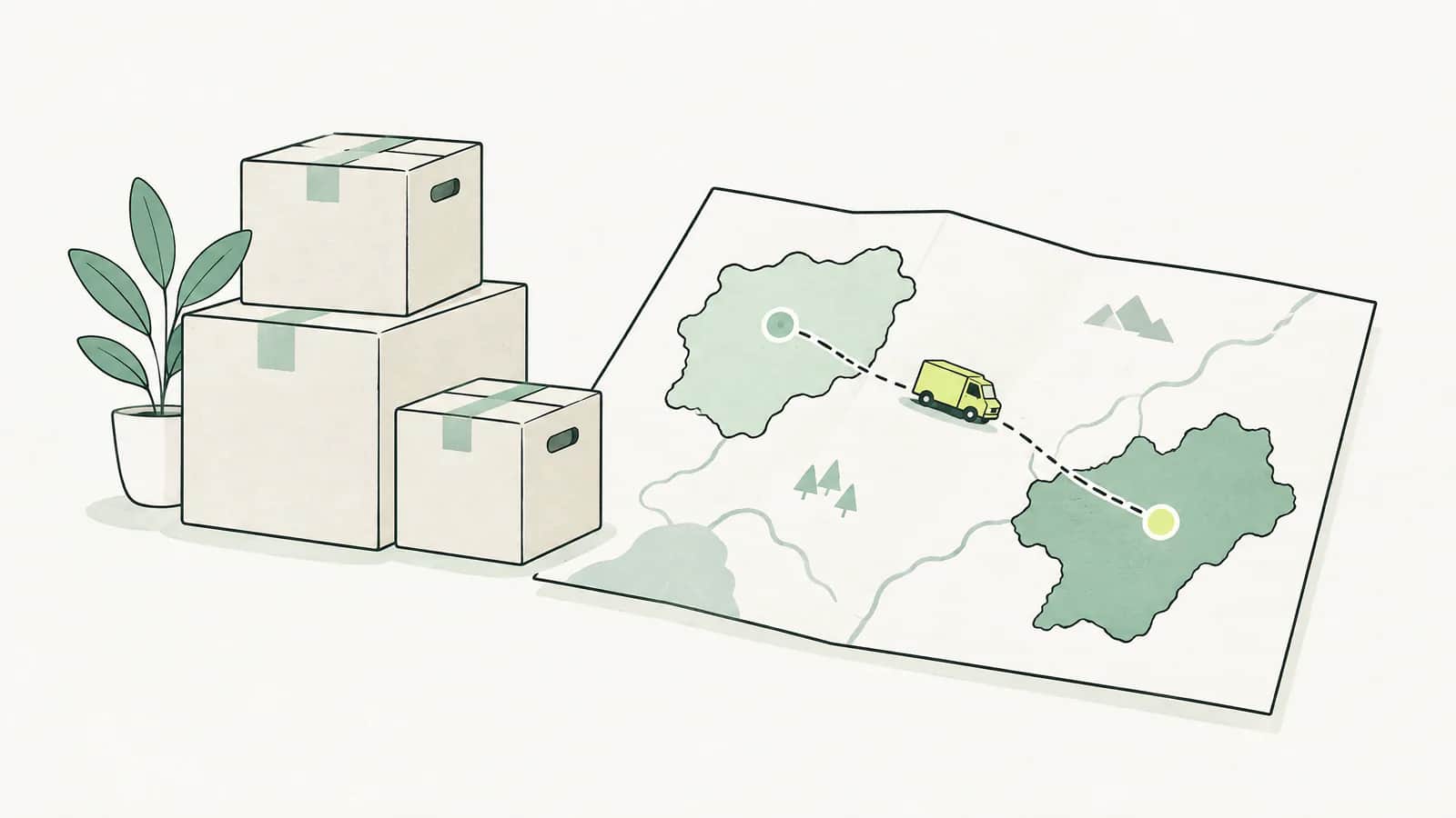 Illustration: Gestapelte Umzugskartons neben einer Landkarte mit Zonen und einem kleinen Spielzeug-Lieferwagen