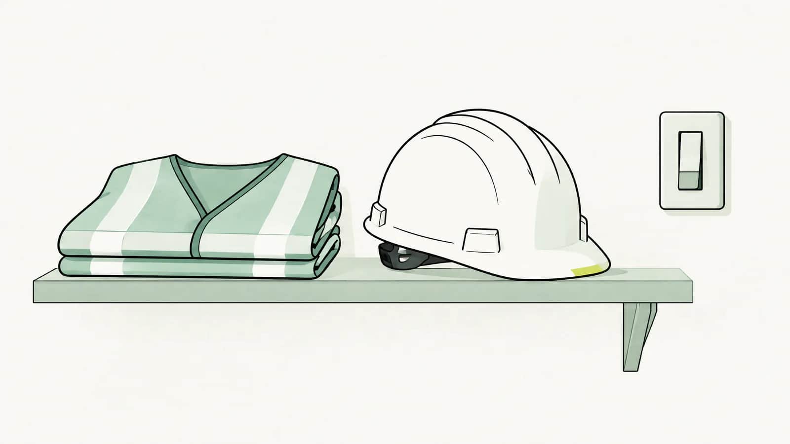 Illustration: Gefaltete Warnweste und Arbeitshelm auf einem Regal neben einem Schalter in Aus-Stellung