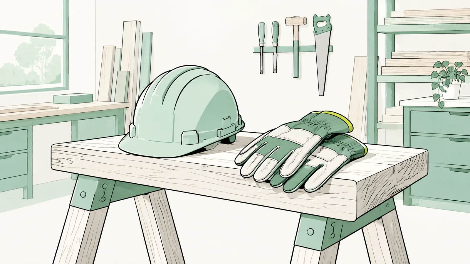 Illustration: Schutzhelm und ein Paar Arbeitshandschuhe auf einem Sägebock in einer aufgeräumten Schreinerwerkstatt