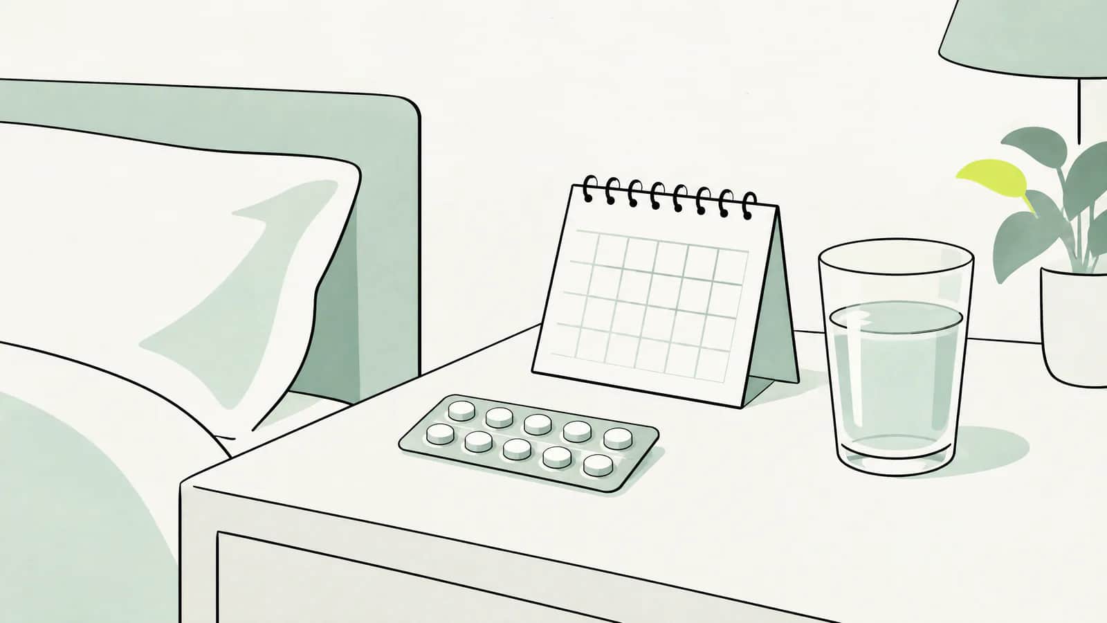 Illustration: Blisterpackung mit Tabletten neben einem kleinen Kalender und einem Wasserglas auf dem Nachttisch