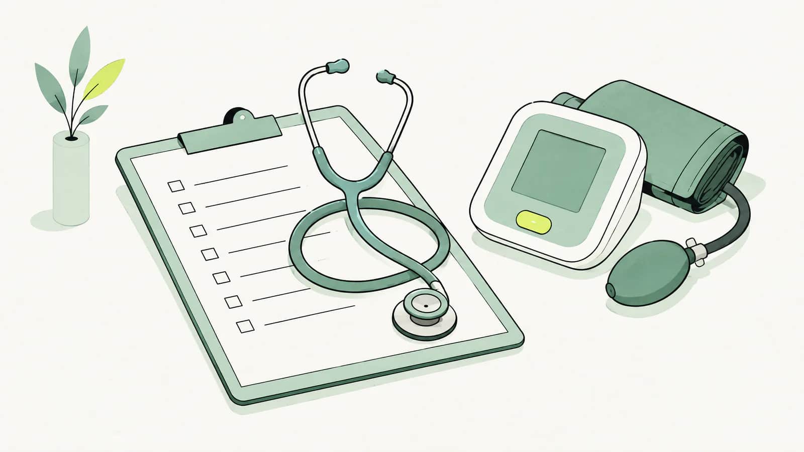 Illustration: Aufgerolltes Stethoskop auf einem Klemmbrett mit leerer Checkliste neben einem Blutdruckmessgerät