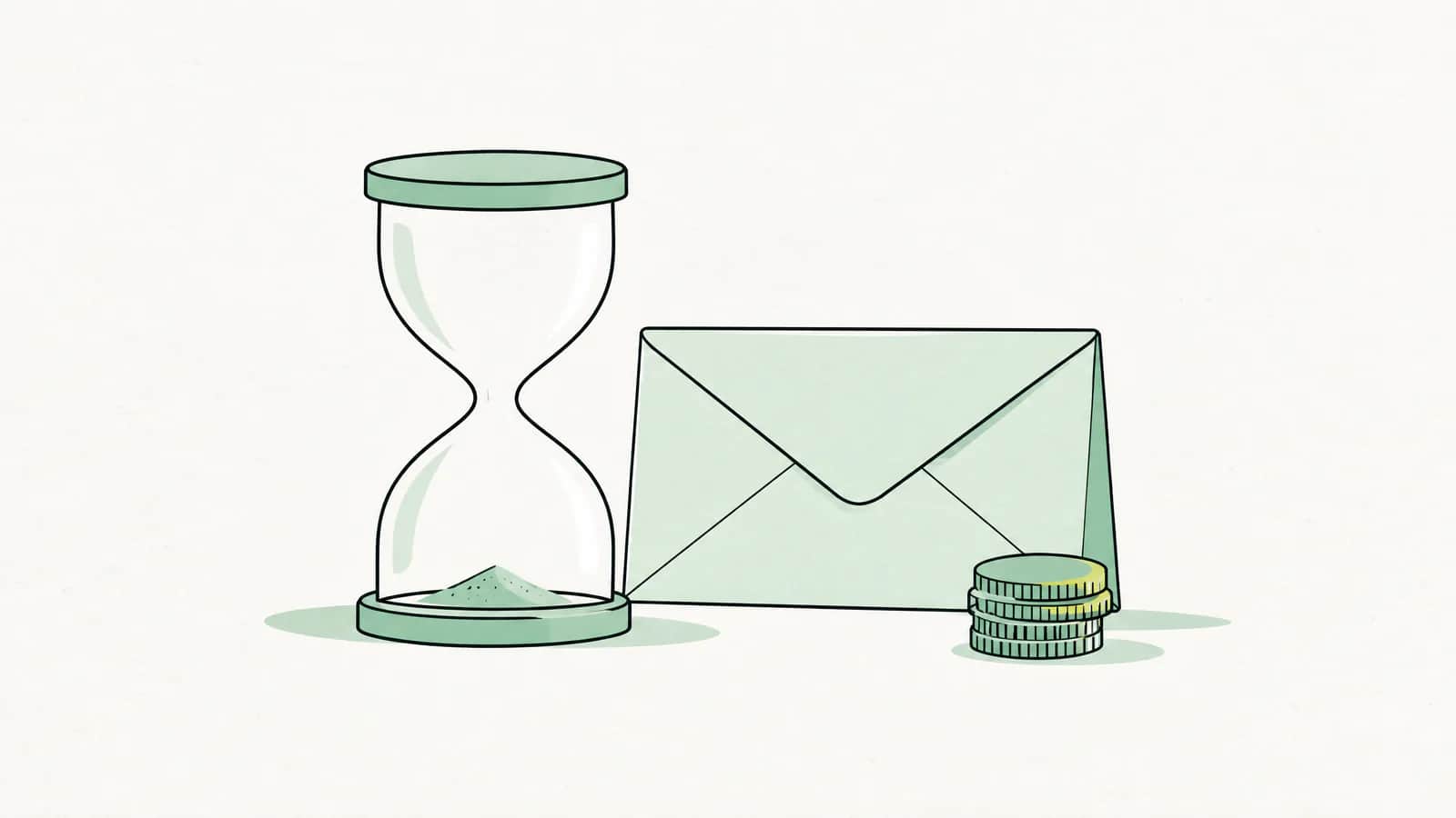 Illustration: Abgelaufene Sanduhr neben einem ungeöffneten Briefumschlag und einem kleinen Münzstapel