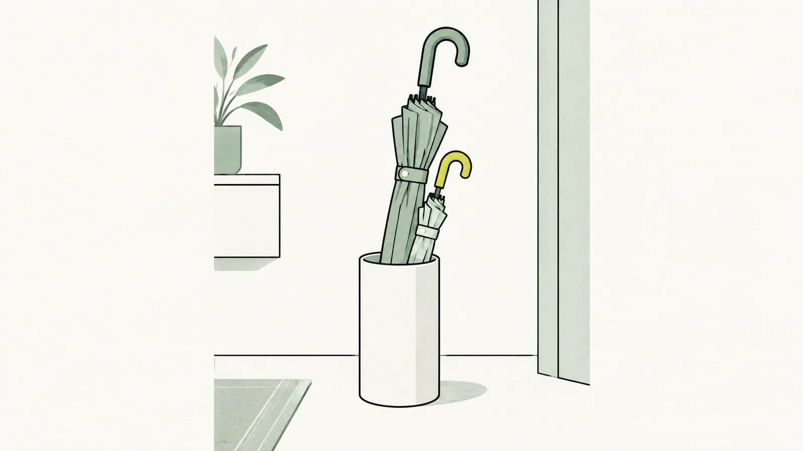 Illustration: Kleiner Regenschirm lehnt an einem grossen Regenschirm im Schirmständer eines Hausflurs