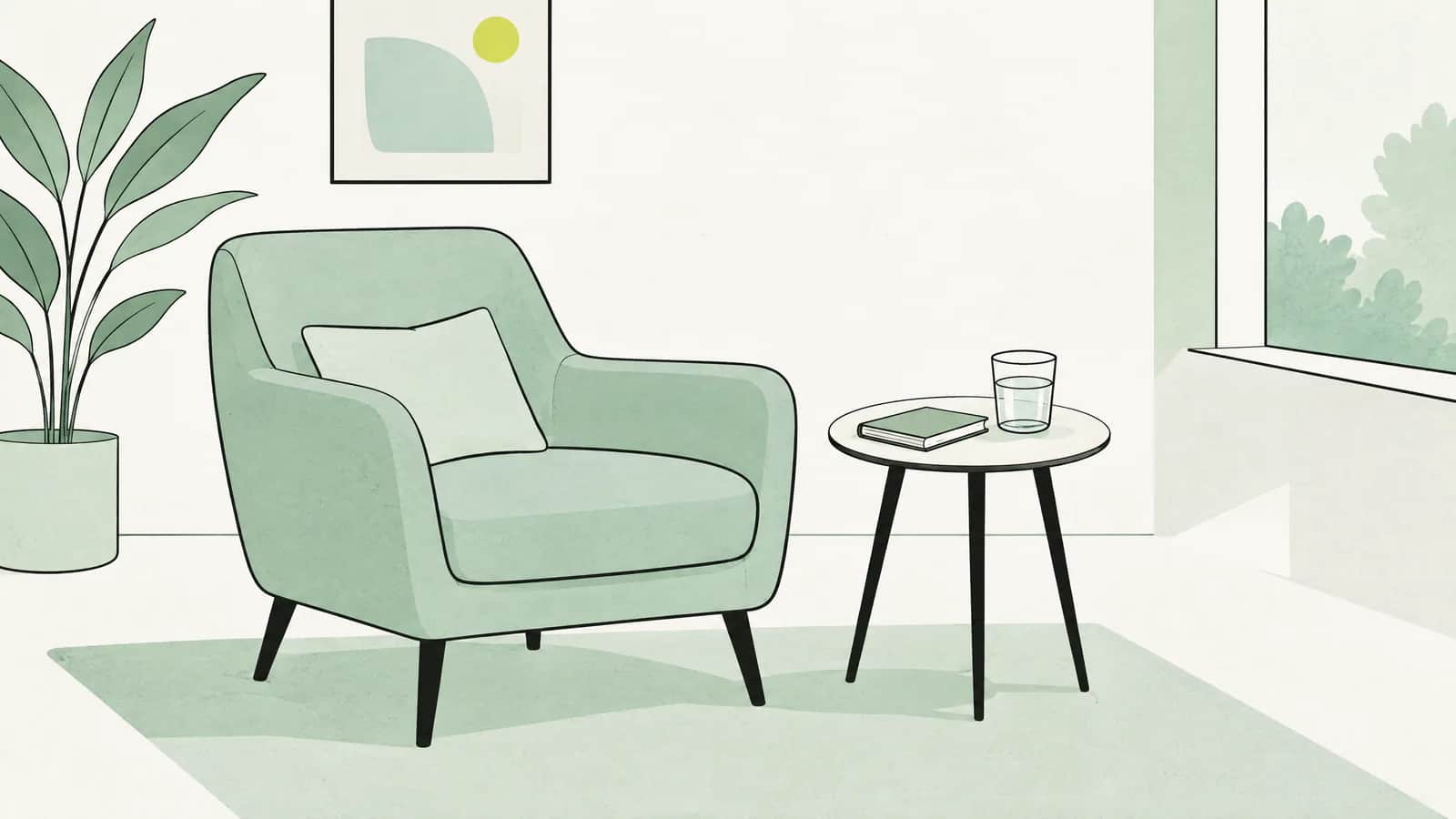 Illustration: Sessel und Beistelltisch mit geschlossenem Notizbuch und einem Glas Wasser in einem ruhigen Raum