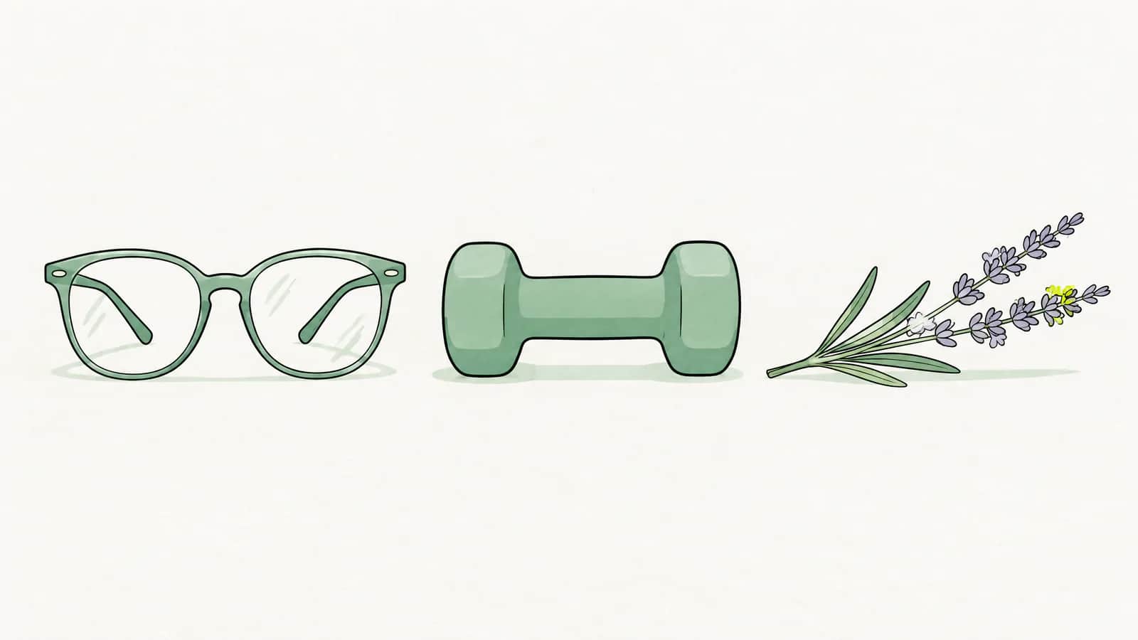 Illustration: Brille, kleine Hantel und ein Lavendelzweig in einer Reihe auf einem hellen Tisch