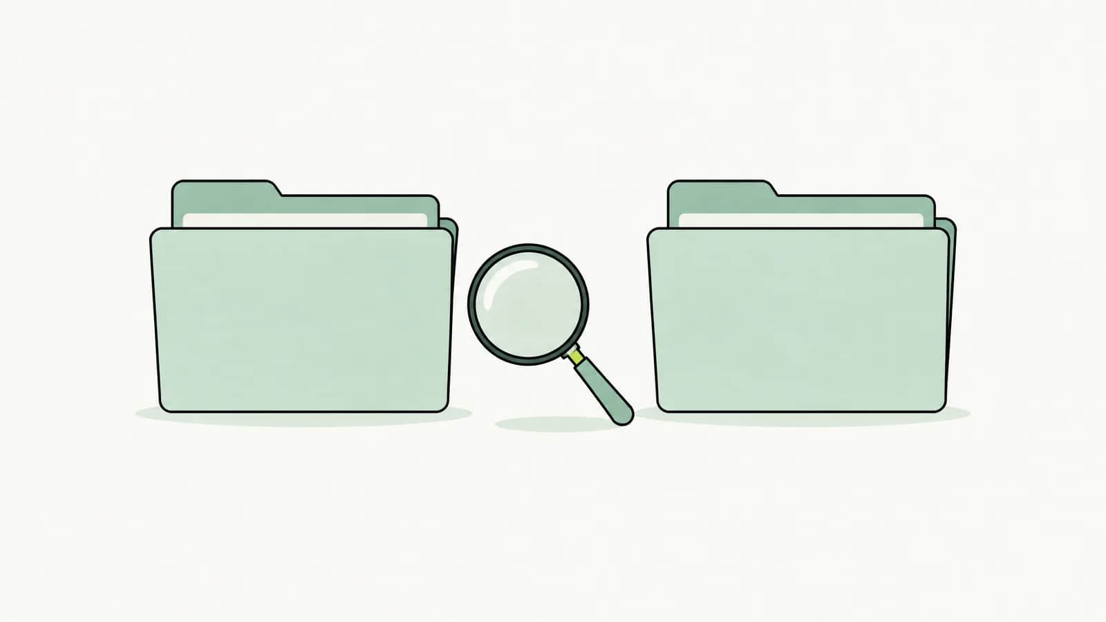 Illustration: Zwei gleiche Aktenmappen nebeneinander, dazwischen liegt eine Lupe auf einem hellen Tisch